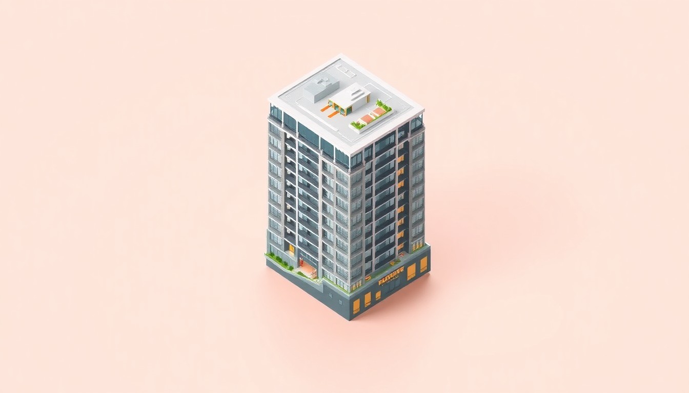 A miniature, stylized 3D illustration of a 12-story residential building with clean lines, bold colors, and amenity spaces, representing the new 566 W. Van Buren development in Chicago.
