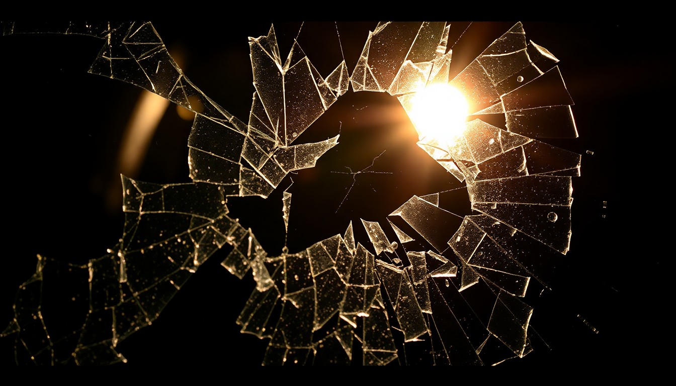 An extreme close-up of shattered car window glass reflecting a harsh camera flash, conceptually representing the disruption and property damage caused by the suspect's attack on the Tesla facility.