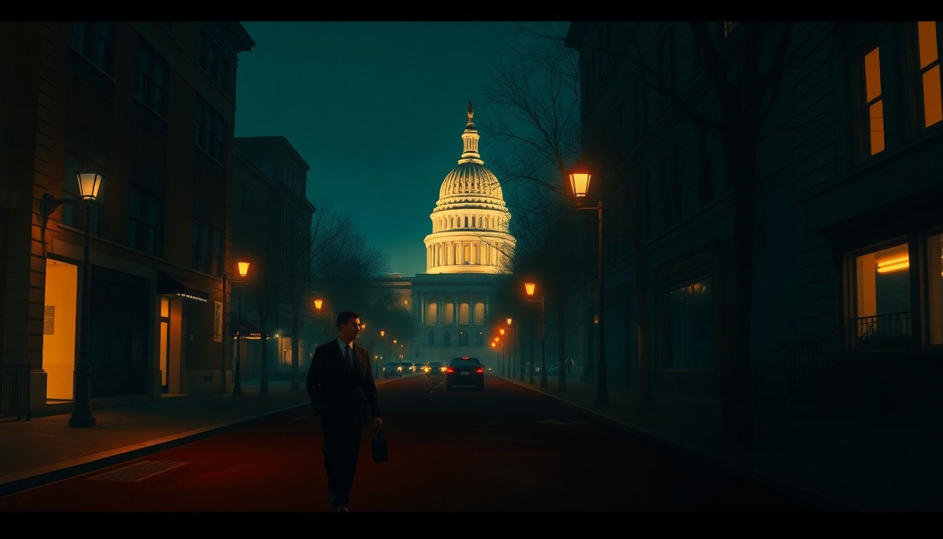 A cinematic painting of a lone figure walking down a shadowy Washington D.C. street, the Capitol building visible in the distance, the scene bathed in warm, diagonal sunlight and deep shadows, conceptually illustrating the influence of political connections in government decision-making.