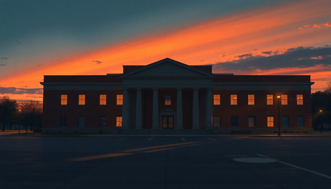 A cinematic painting of a dimly lit county government building at dusk, with warm diagonal sunlight casting long shadows across the facade, creating a sense of political weight and gravity.