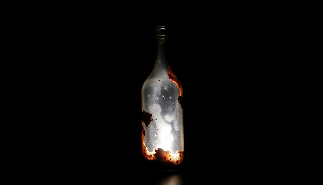 An extreme close-up photograph of a charred Molotov cocktail bottle, capturing the texture and material details in dramatic lighting to conceptually represent the arson attack on the ice cream shop.