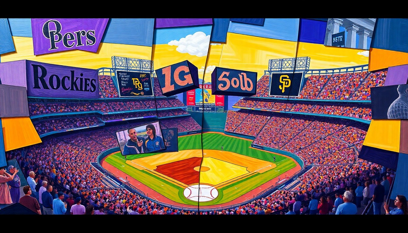 A fractured, geometric painting in bold colors depicting a baseball game between two teams, with the players and field broken down into sharp, overlapping planes.