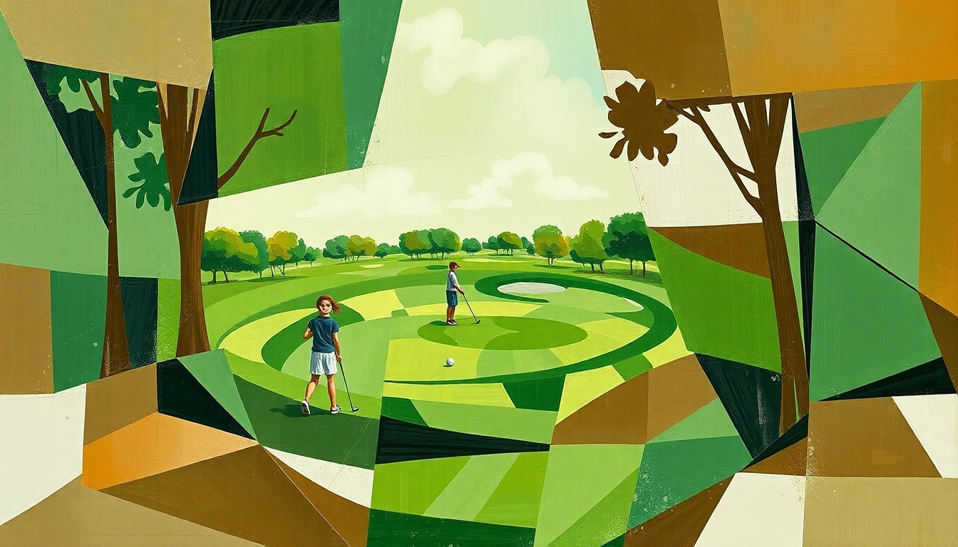 A fragmented, geometric painting in shades of green, brown, and white, depicting a girls golf tournament in an abstract, multi-perspective style.