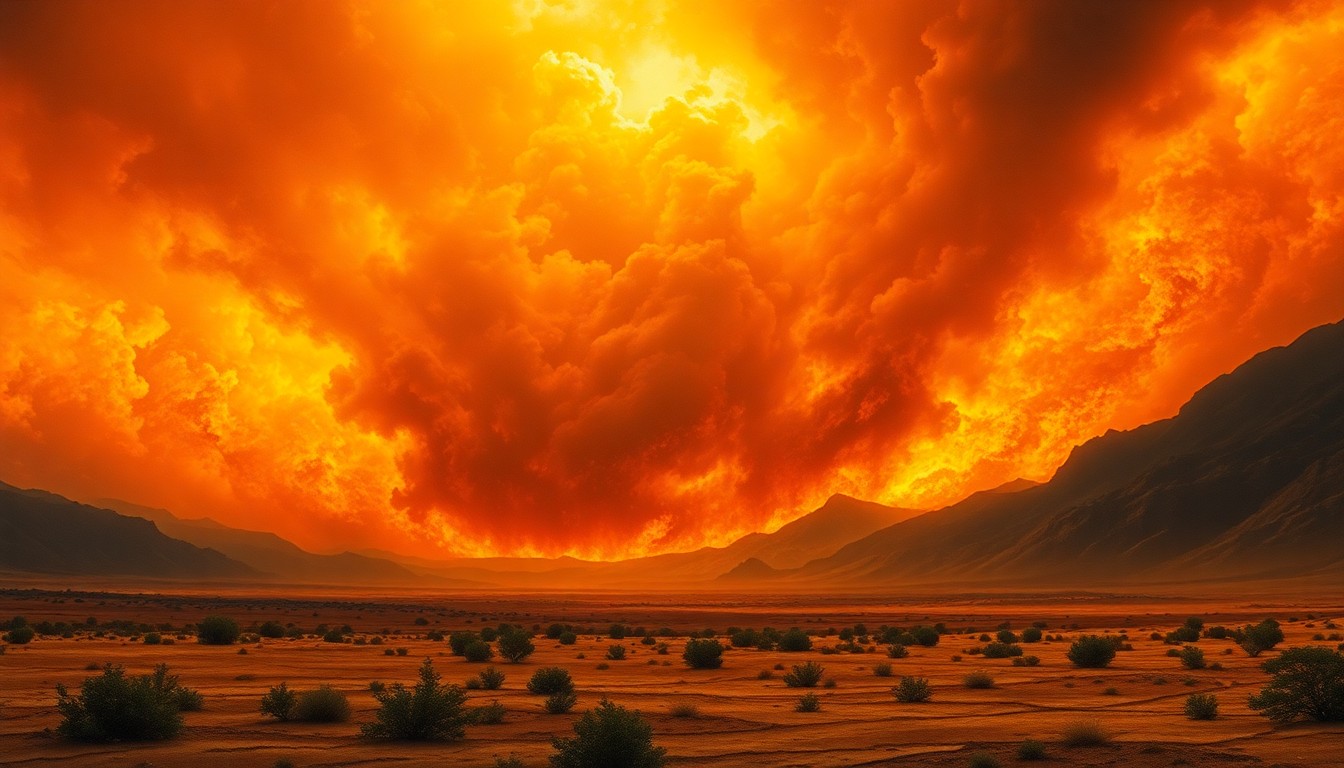 A vast, majestic landscape painting in the style of Caspar David Friedrich, featuring a raging wildfire consuming a dry, barren landscape under an ominous, fiery sky. The scene uses deep, atmospheric perspective and dramatic backlighting to convey the overwhelming, sublime scale of the climate crisis.