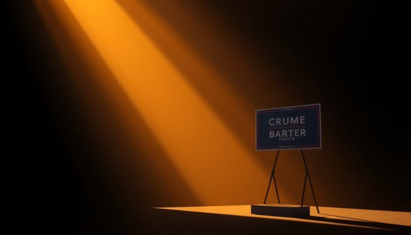 A serene, cinematic painting depicting a lone campaign sign or podium in a dimly lit urban setting, with warm sunlight casting dramatic shadows across the scene, conveying a sense of quiet contemplation and unease about the shifting political climate.