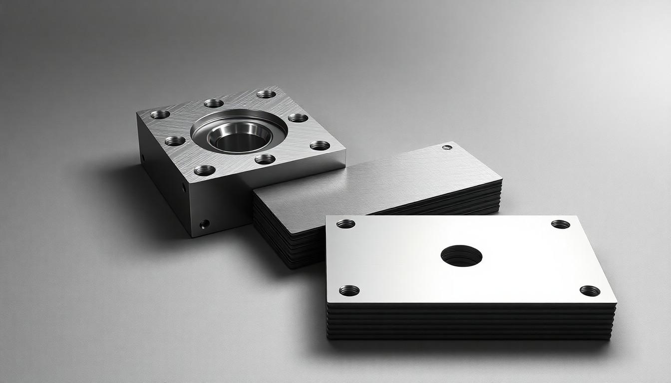 A photorealistic studio still life featuring a polished metal stamping die, a stack of precision-cut metal sheets, and a gleaming metal part, conceptually representing the engineering excellence and manufacturing capabilities of Wedge Products.