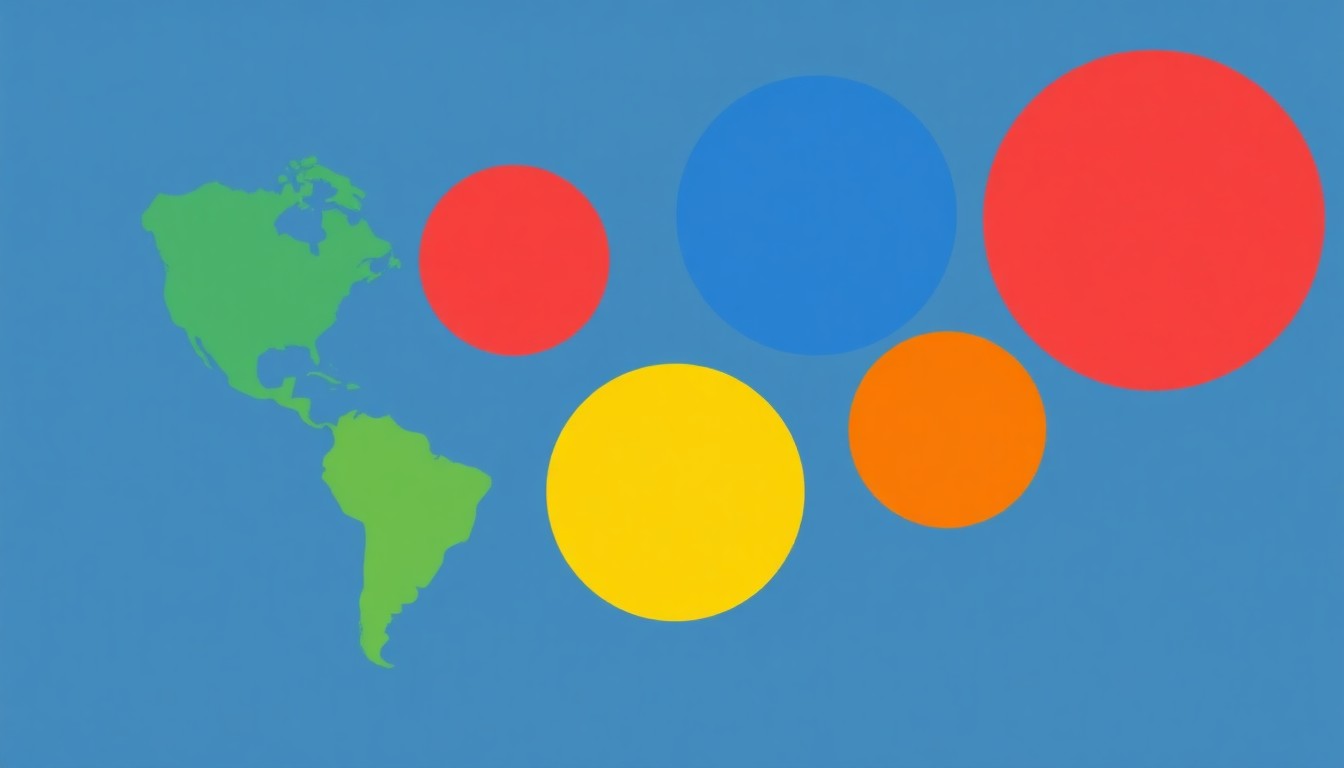 A minimalist illustration using bold geometric shapes and primary colors to represent the five key factors of the Geography of Prosperity Index, including climate preparedness, technological readiness, population renewal, social cohesion, and governance and foresight.