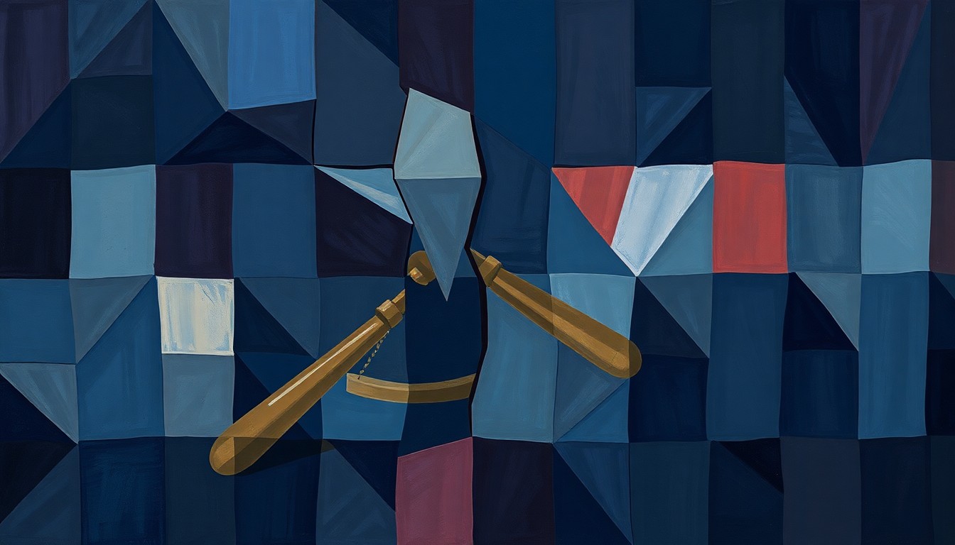 An abstract, fractured painting in shades of blue, gray, and red, depicting overlapping geometric shapes and waves that suggest a sense of turbulence and fragmentation, conceptually representing the divisive state of American politics.