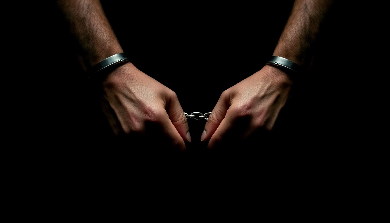 An extreme close-up photograph of a pair of handcuffed hands against a pitch-black background, the harsh flash creating dramatic shadows and textures to convey a sense of gritty, investigative urgency around this crime-related incident.