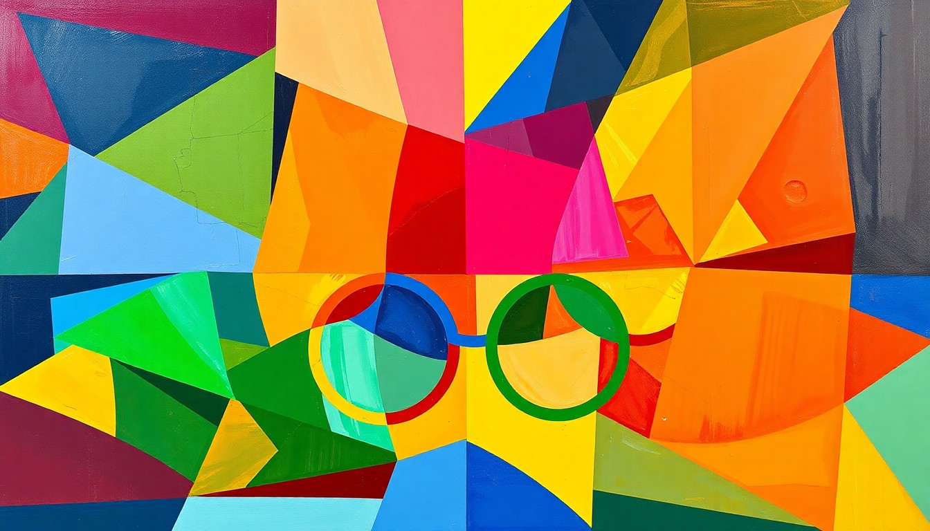 A fragmented, geometric painting in vibrant colors representing the high demand and limited supply for 2028 Los Angeles Olympics tickets, with sharp, overlapping planes conveying the confusion around authorized ticket sources.