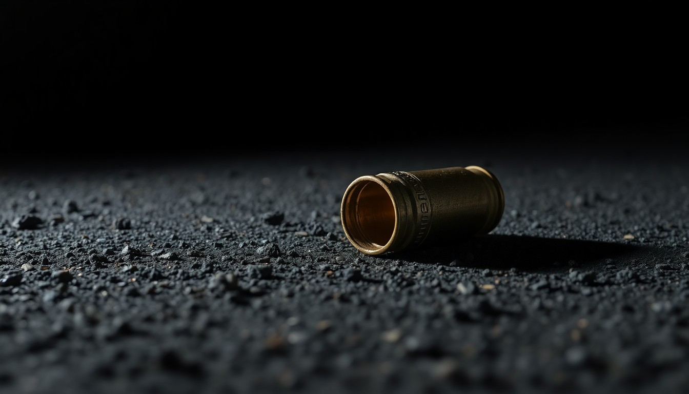 An extreme close-up of a spent shell casing on a dark, textured surface, capturing the stark, gritty aesthetic of a crime scene investigation.