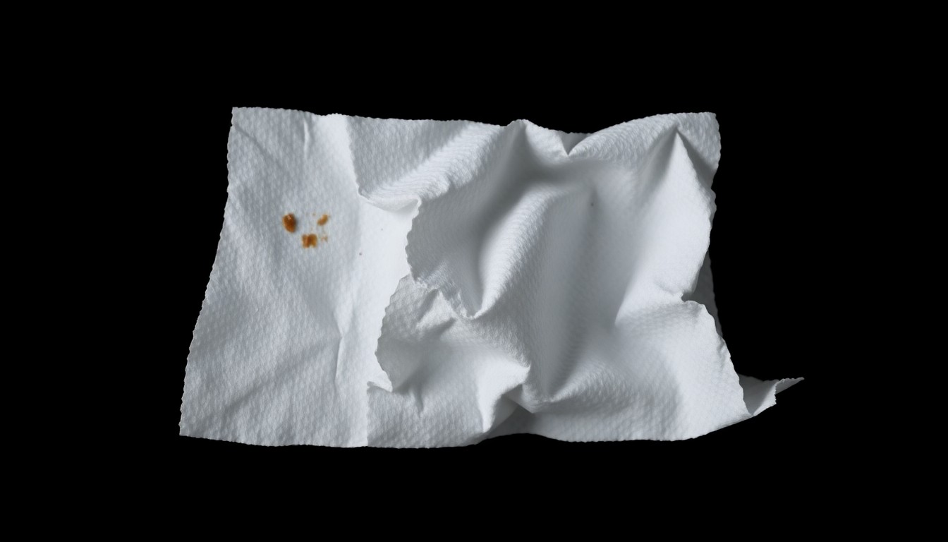 An extreme close-up photograph of a crumpled paper towel with faint traces of a brown substance, lit by a harsh, direct camera flash against a pitch-black background, conceptually representing the evidence from a public restroom incident that led to a mistaken suspect identification.