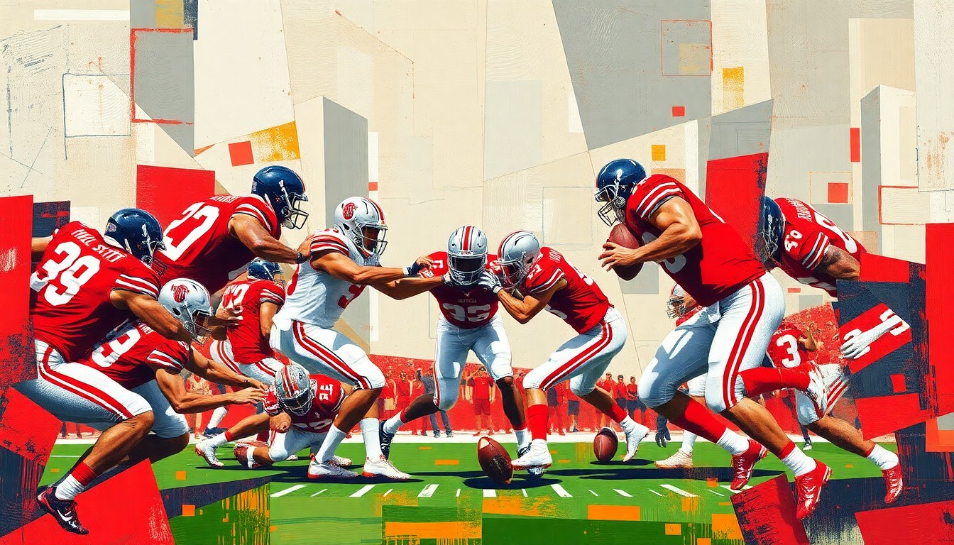A fragmented, geometric painting in shades of scarlet and gray, depicting the dynamic movements and overlapping perspectives of a football game, conceptually representing the tight end battle at Ohio State.