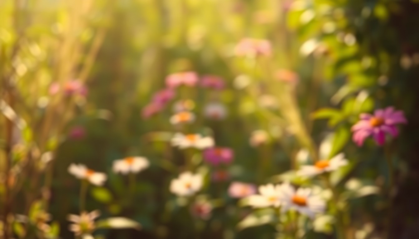 An extremely abstracted, out-of-focus photograph in soft pools of warm, earthy color and light, depicting a blurred scene of a lush, verdant garden with shapes of plants and flowers.