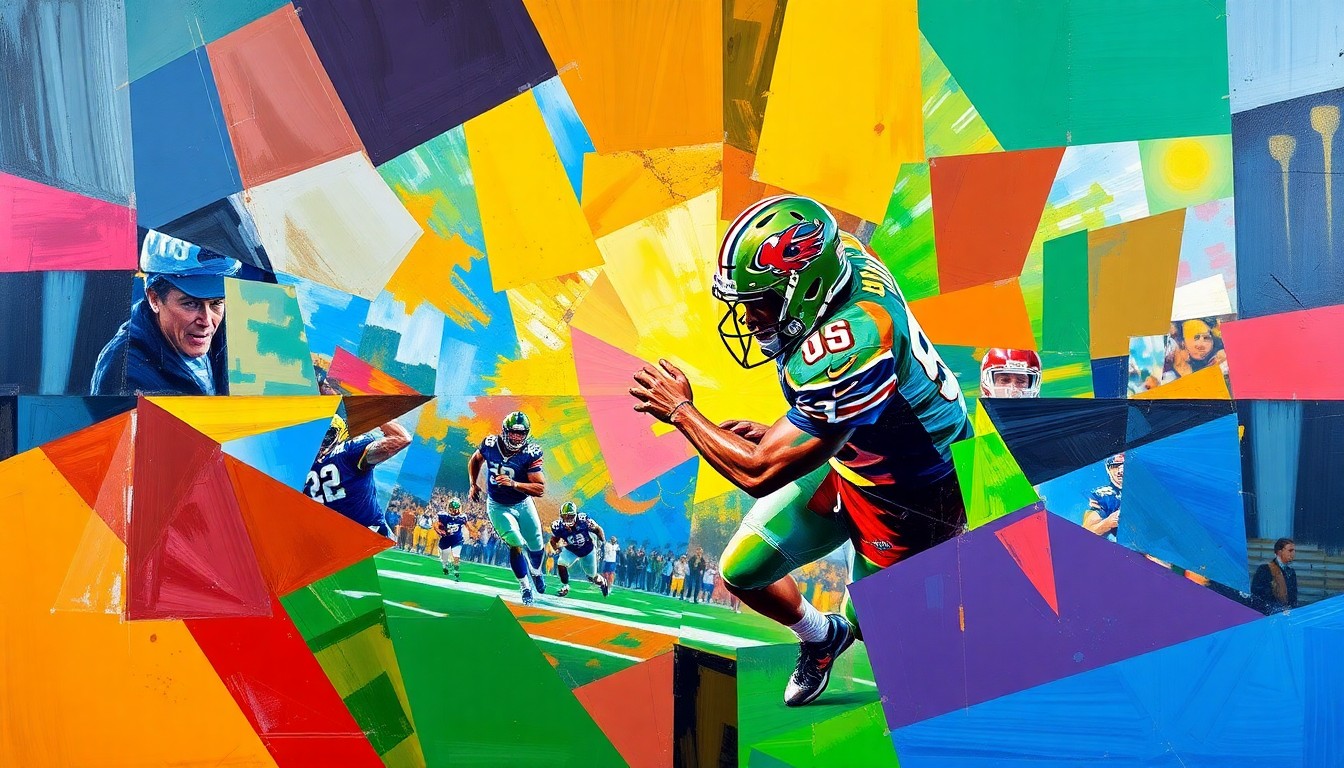 A cubist, geometric painting depicting the silhouettes of football players and draft prospects, broken down into sharp, overlapping planes of color and form, conveying the strategic challenges of roster-building in the NFL draft.