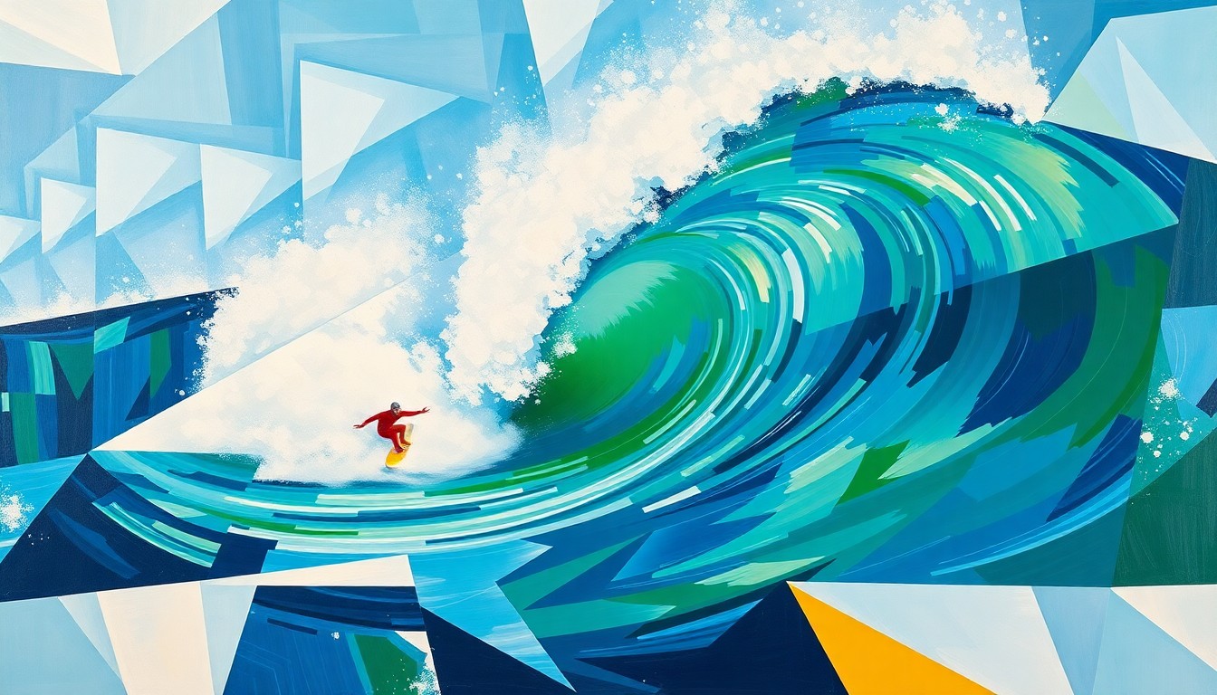 A cubist, geometric painting depicting the chaotic motion and energy of a big-wave surfing competition, with fragmented shapes and planes of blue, green, and white representing the ocean and surf.