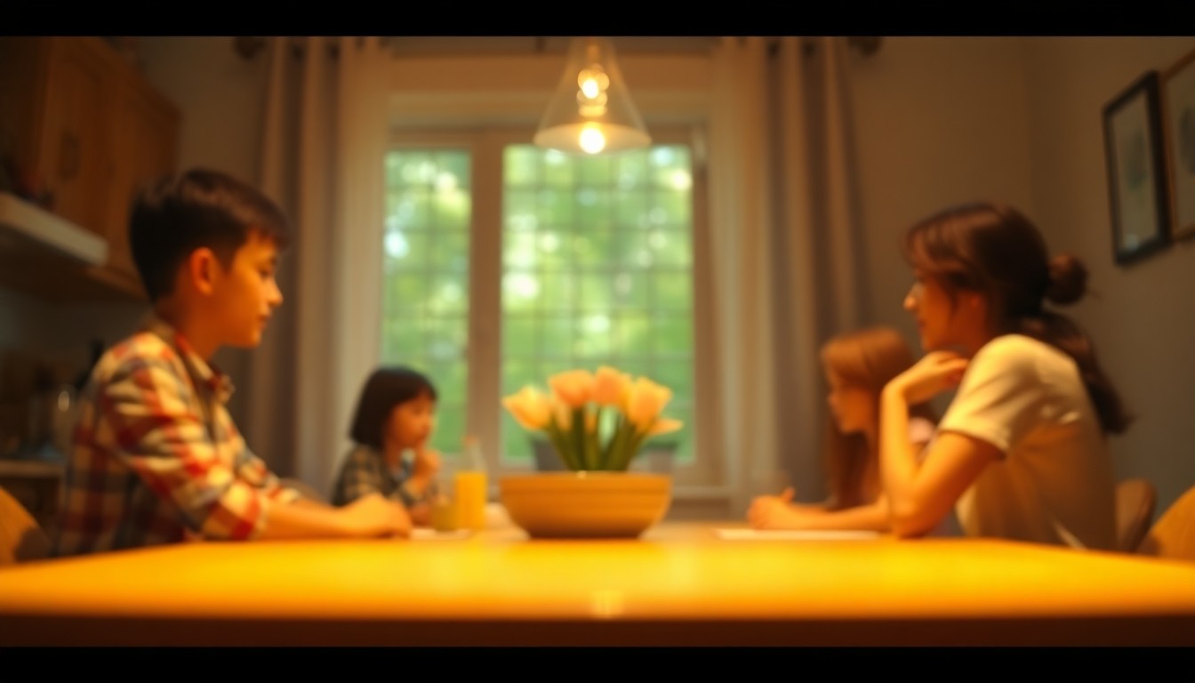 An extremely abstracted, out-of-focus photograph of a family gathered around a kitchen table, with soft, warm light filtering through a window, conceptually representing the financial relief and emotional support provided by the churches' medical debt initiative.