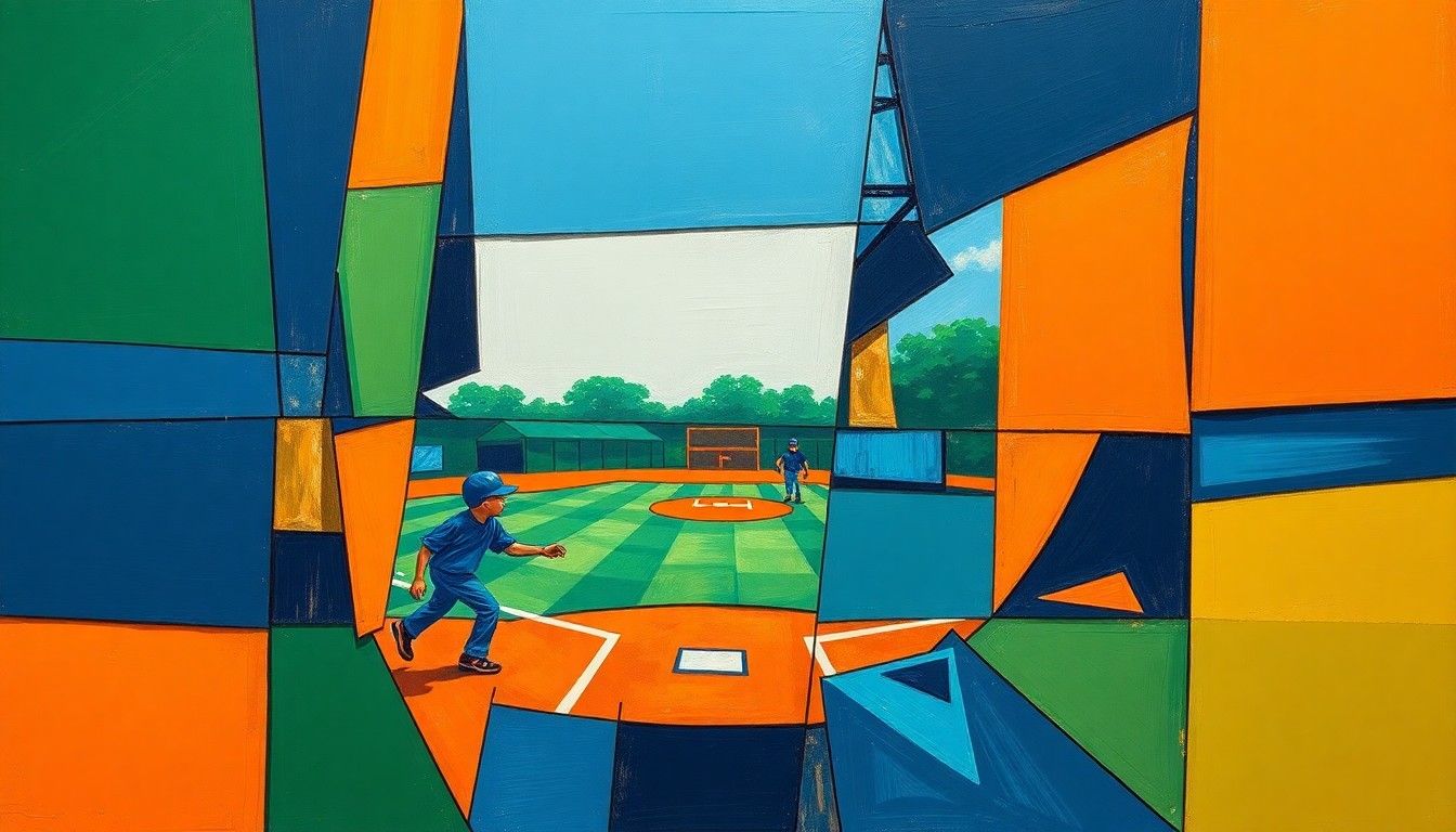 A cubist, geometric painting depicting a middle school softball game, with sharp, overlapping planes of navy, green, and orange conveying the dynamic action and energy of the contest.