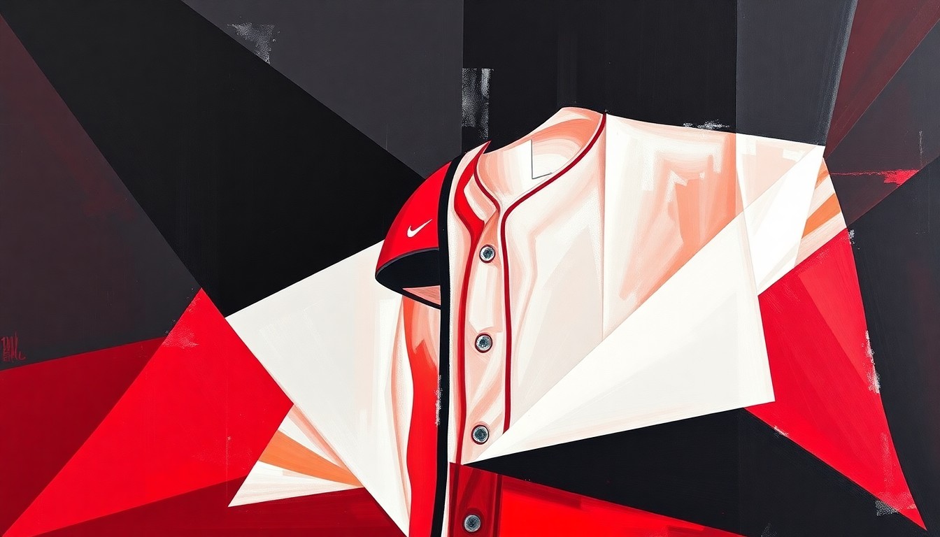 A cubist, geometric painting featuring fragmented, overlapping shapes in red, black, and white, conceptually representing the bold new design of the Cincinnati Reds' City Connect 2.0 uniform.