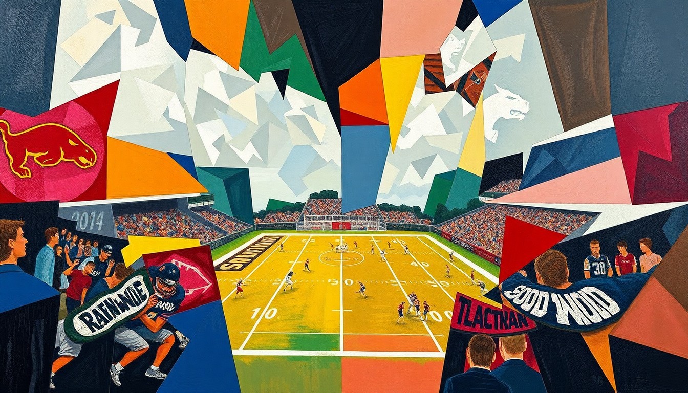 A cubist, geometric painting depicting fragmented and overlapping shapes in the official colors of Ravenwood High School and Battle Ground Academy, representing the dynamic transfer of a star player between the two rival programs.