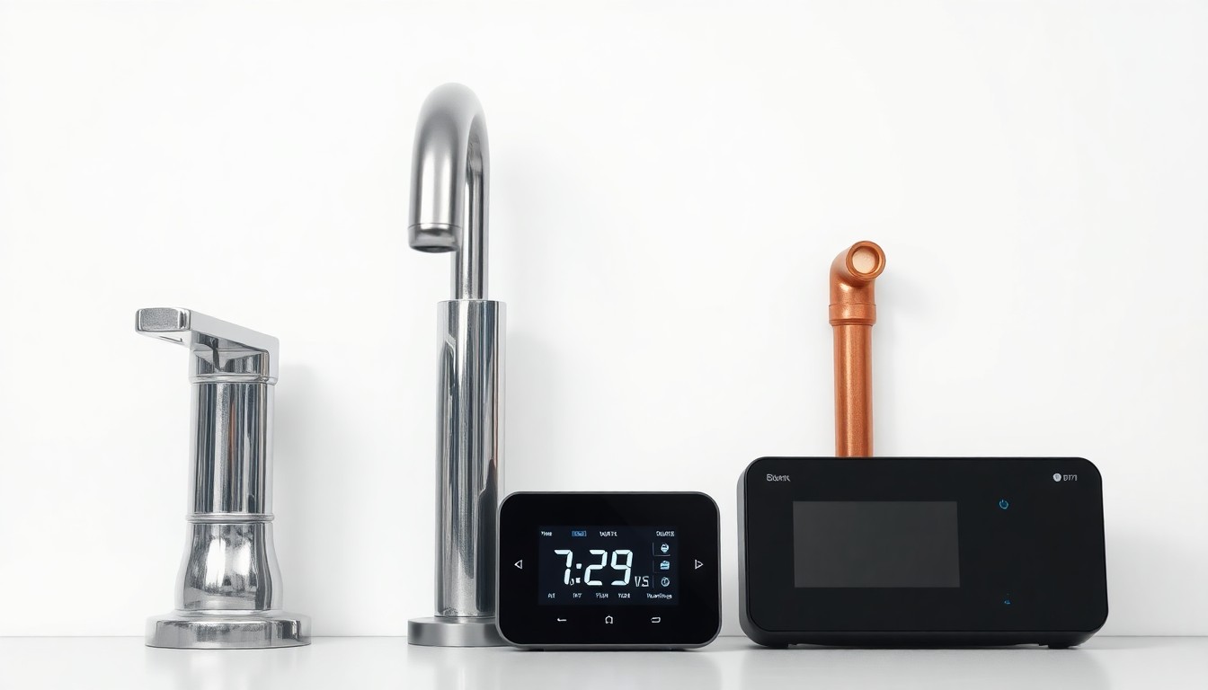 A minimalist studio still life featuring polished chrome, copper, and black HVAC and plumbing components arranged elegantly on a clean white background, conceptually representing the essential systems maintained by the company.