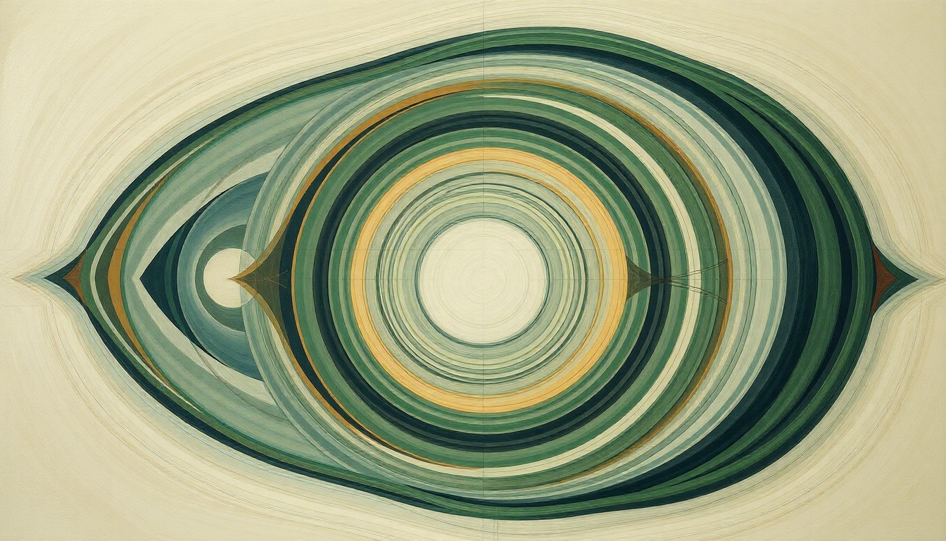 A bold, abstract painting in muted earth tones featuring sweeping geometric shapes, intersecting waveforms, and precise botanical spirals, conceptually representing the delicate ecosystem and human impacts surrounding the endangered winter-run Chinook salmon in California.