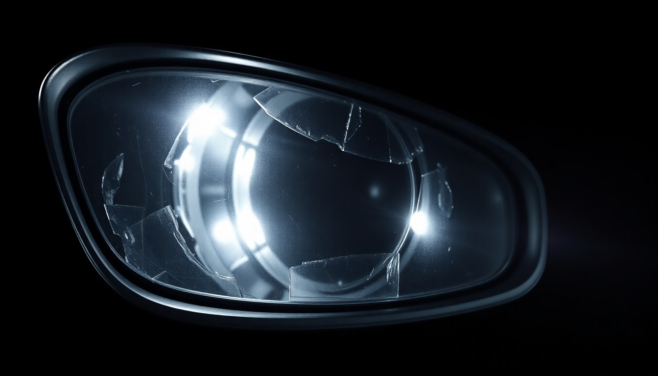 An extreme close-up photograph of a damaged car side mirror or tail light lens, capturing the harsh, gritty details of the crime scene without depicting any violence or victims.