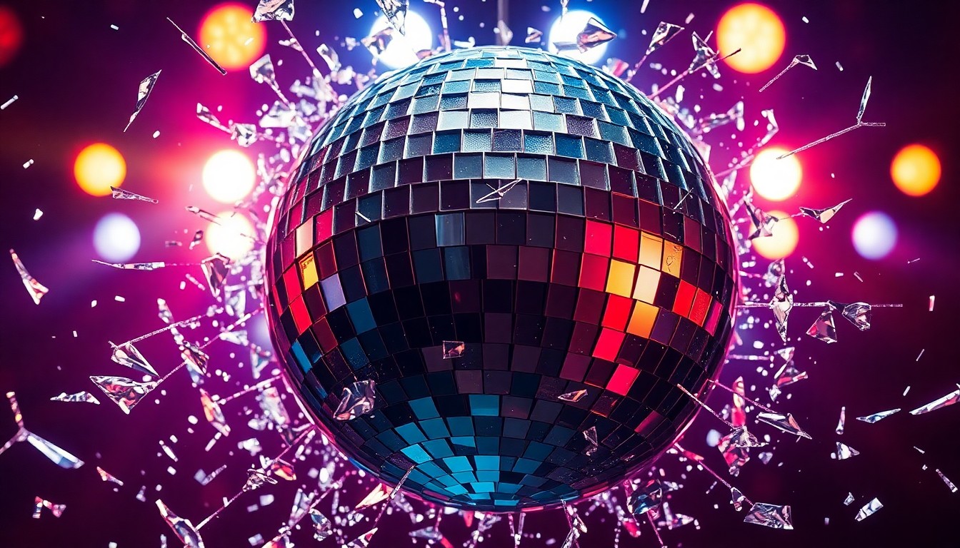 An abstract close-up image of shattered glass reflecting bright stage lights, conveying the high-stakes glamour and drama of the entertainment industry.