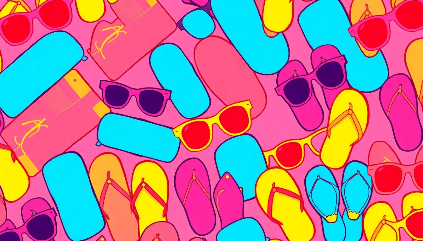A high-contrast, silkscreen-style illustration featuring a repeating grid of colorful beach towels, sunglasses, and flip-flops, conceptually representing the aftermath of a spring break rental eviction.