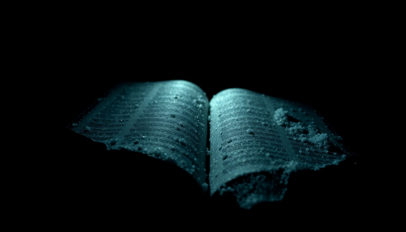 An extreme close-up photograph of a leather-bound bible cover, the pages heavily saturated with a synthetic drug substance, lit by a harsh, direct camera flash against a pitch-black background, conceptually illustrating the contraband smuggling crisis in Texas prisons.