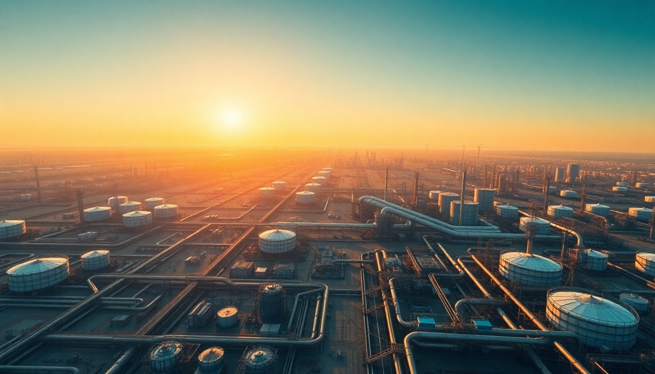 An extremely detailed, aerial photograph of a sprawling oil refinery complex, with rows of massive storage tanks and a network of pipelines stretching to the horizon, conveying the scale and interconnectedness of the global energy infrastructure that is being impacted by the Middle East conflict.