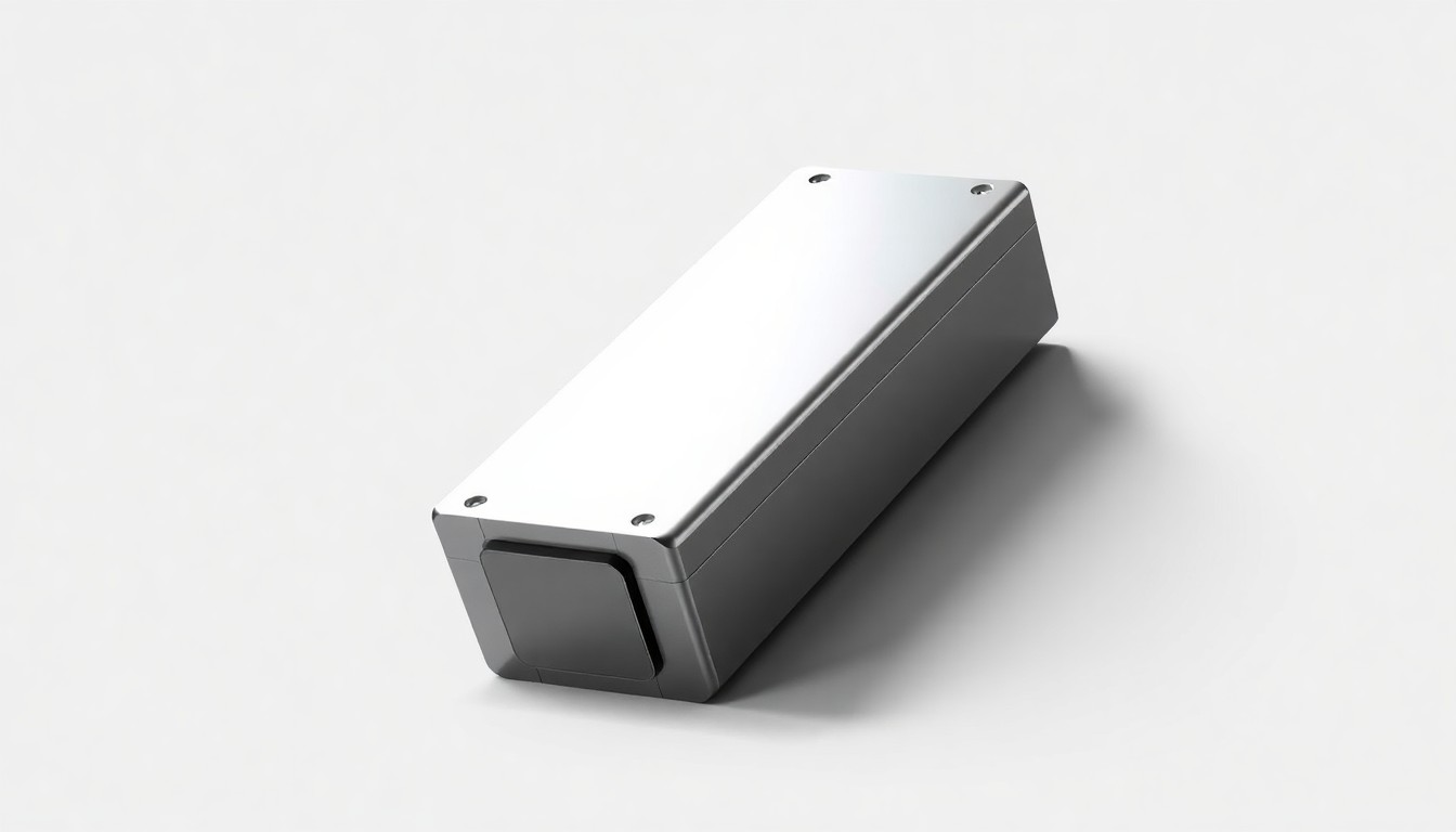 A highly detailed, photorealistic studio still-life image of a sleek, metallic battery cell or energy storage module, lit dramatically with sharp shadows against a clean, monochromatic background, conceptually representing the advanced technology and innovation at the core of ESS's energy storage solutions.