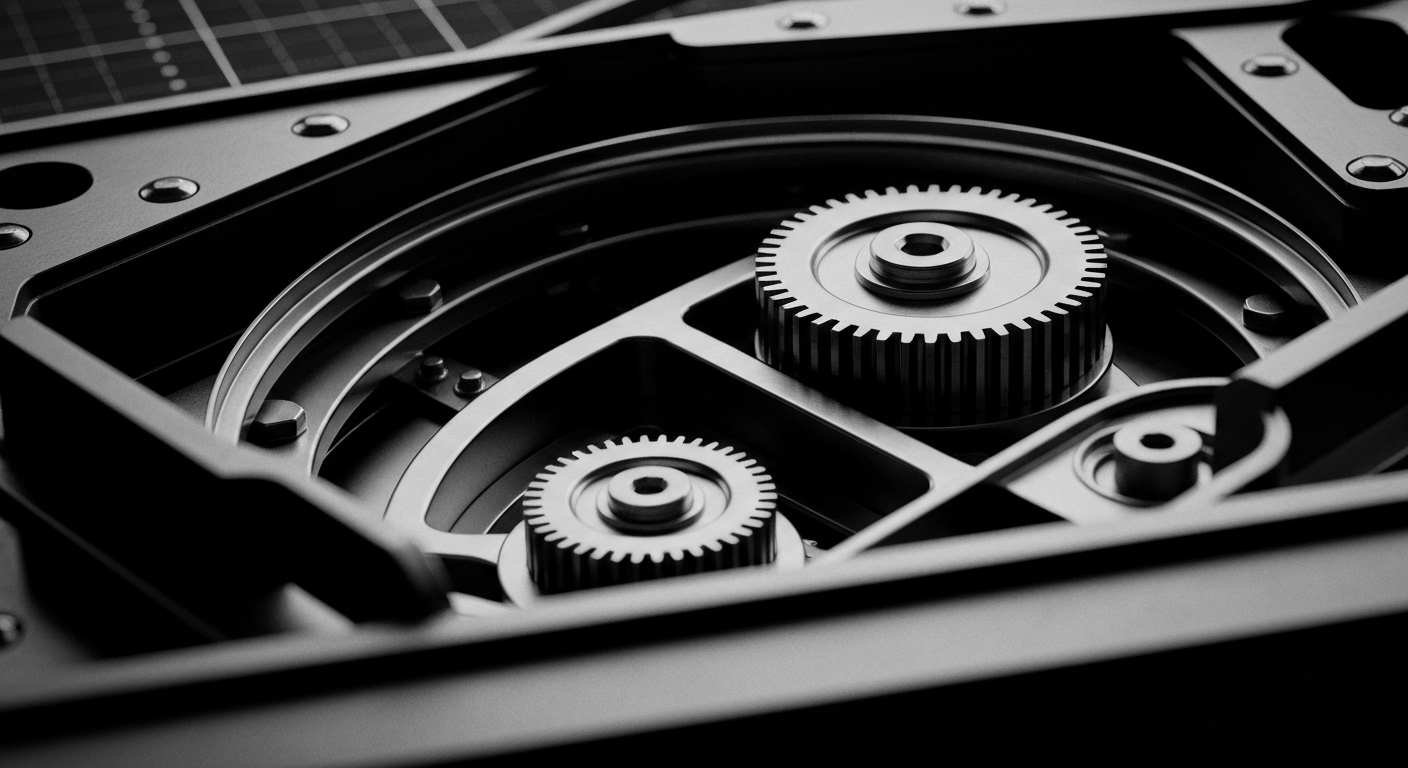 A close-up, high-contrast image of the internal components and gears of a financial trading platform, conveying the complex, powerful, and impersonal nature of modern finance.