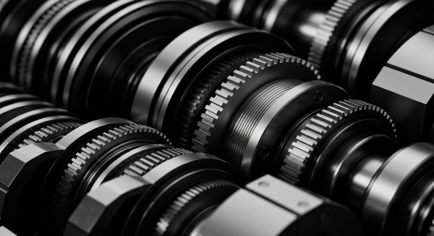 A high-contrast, close-up image of the inner workings of a financial data processing machine, with gears, circuits, and other industrial components filling the frame to represent the fragility of the technology underlying the financial sector.