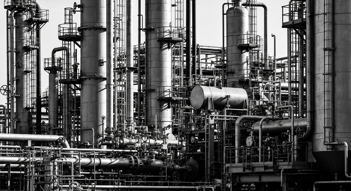 A high-contrast, black-and-white close-up image of industrial machinery and equipment used in fuel refining and petrochemical production, conveying a sense of the scale, complexity, and physical power of the energy industry.