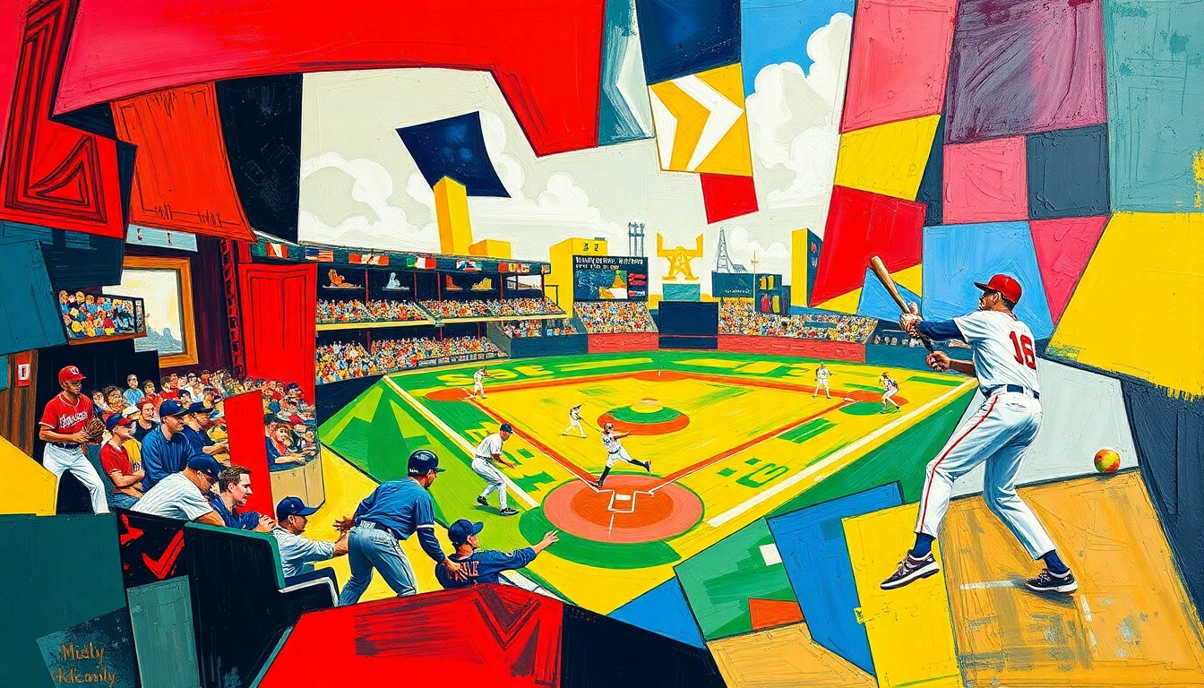 A cubist-style painting depicting a fragmented baseball scene, with players and the field broken down into sharp, overlapping geometric shapes in a vibrant color palette.