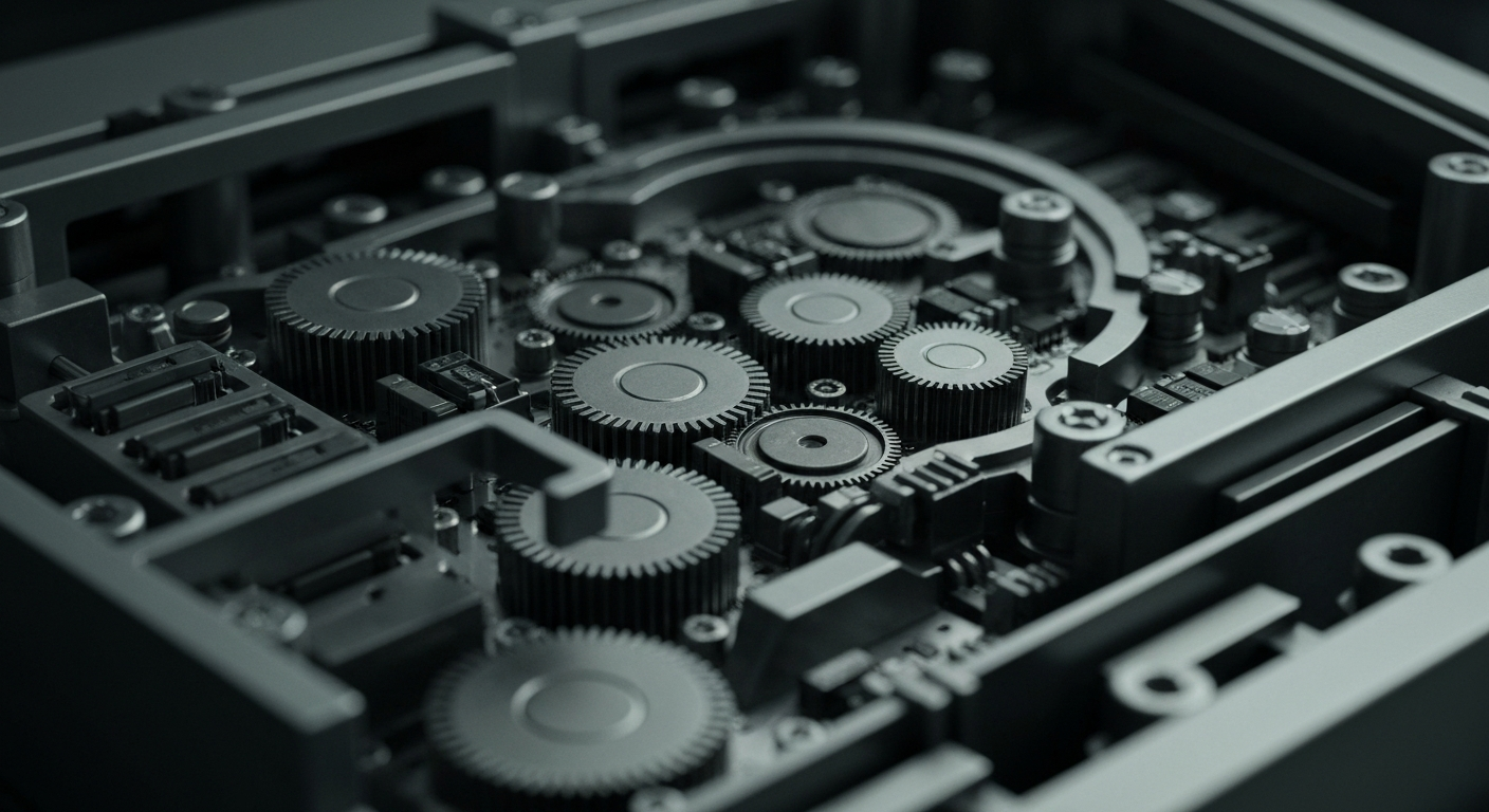 An extreme close-up of the intricate mechanical components of a payroll processing machine, conveying the complex, industrial nature of ADP's core business.