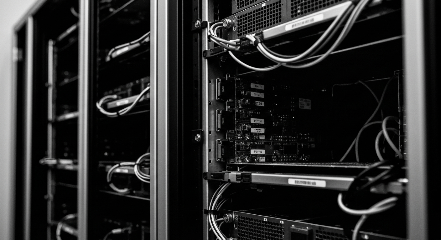 A high-contrast black and white close-up photograph of the internal components and hardware of a cloud computing server rack, conveying a sense of the complex, powerful infrastructure that powers cloud-based software services.