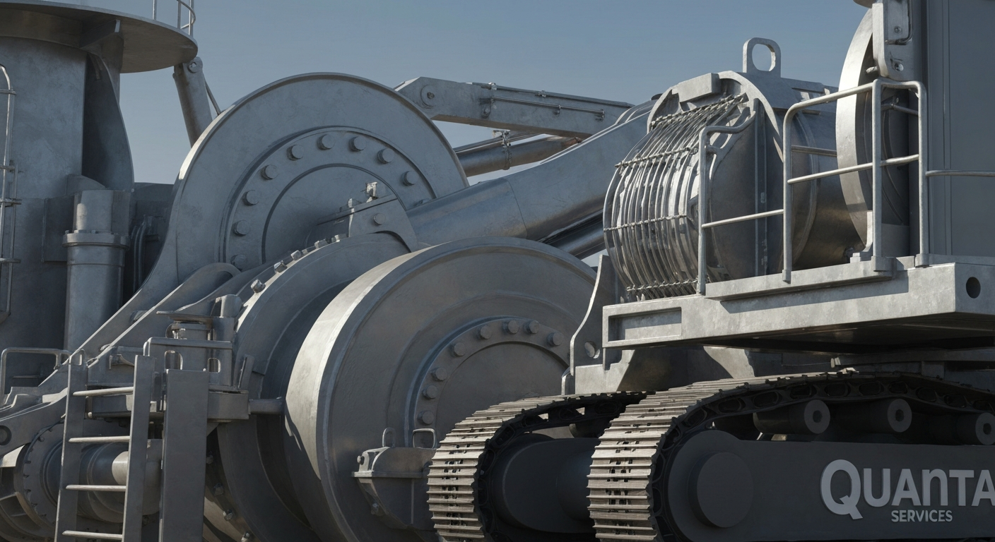 An extreme close-up of gleaming, heavy industrial machinery and equipment used in construction and infrastructure services, conceptually representing Quanta Services' core business and capabilities.