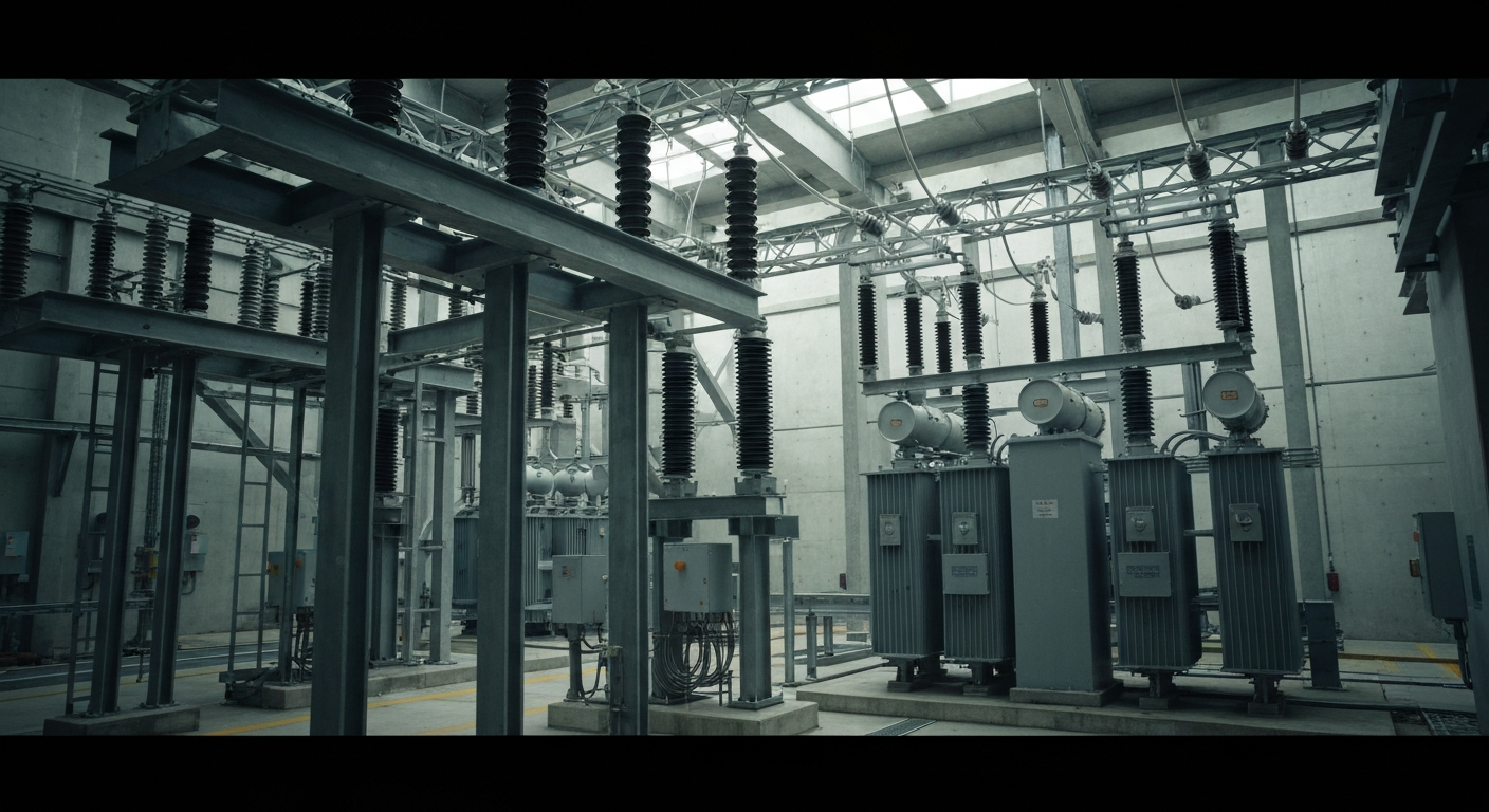An extreme close-up of the inner workings of an electrical substation, with heavy machinery, cables, and transformers filling the frame, conveying the complex and powerful nature of the utility company's operations.