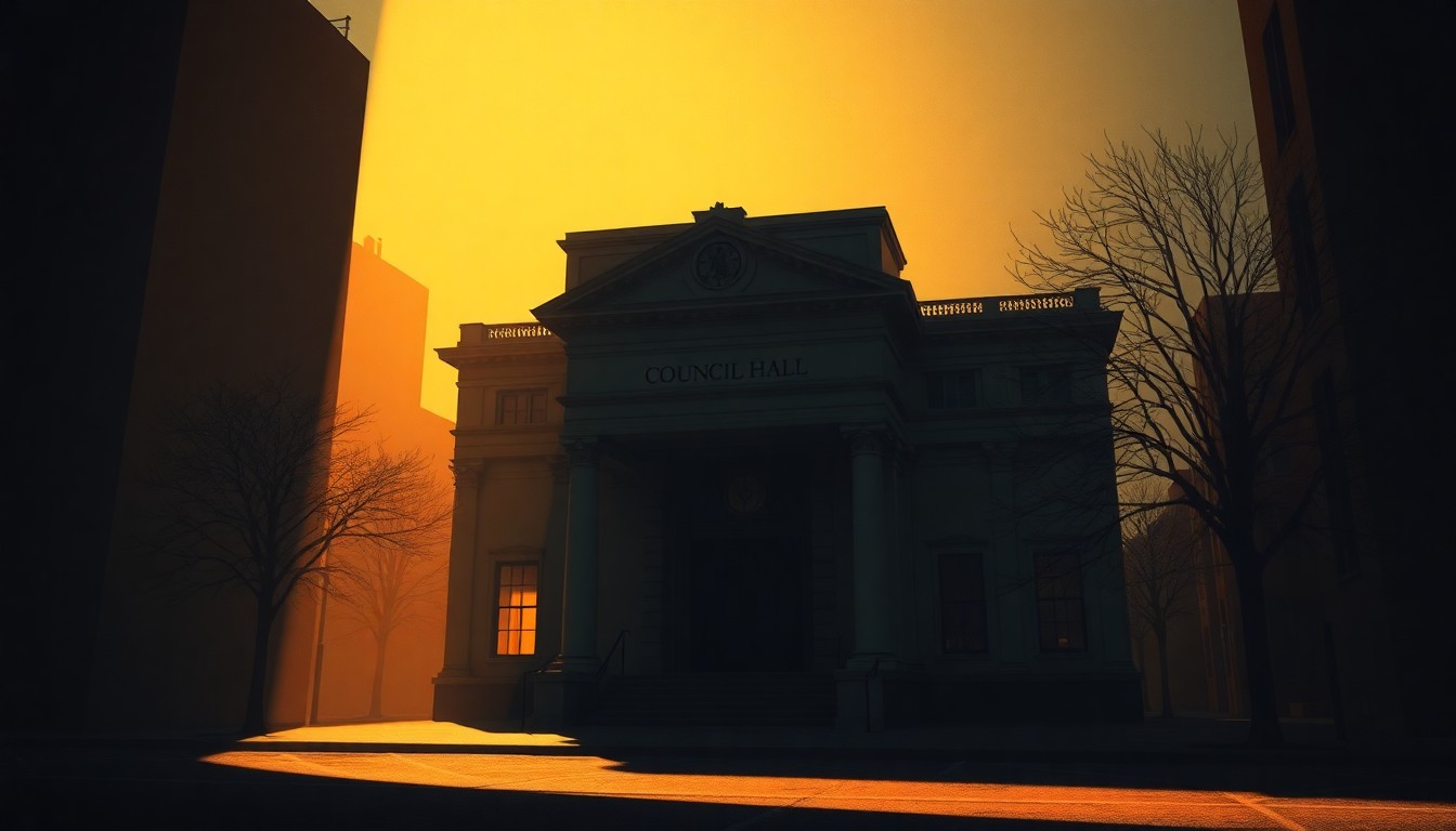 A dimly lit, cinematic painting of a city hall building or council chamber, with warm sunlight streaming in through the windows and deep shadows across the facade, conveying a sense of political tension and unease.