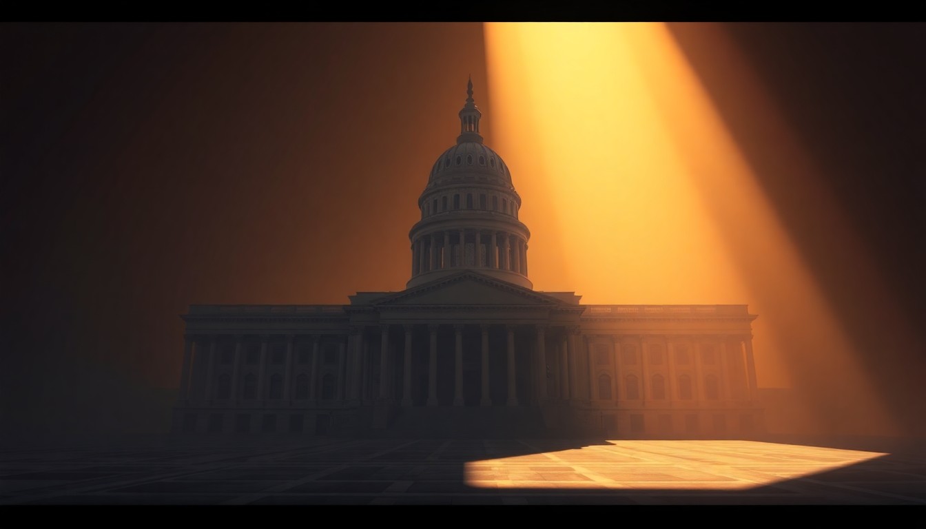 A serene, photorealistic painting of an empty Ohio state capitol building, its grand architecture and columns cast in warm, golden light and deep shadows, conveying a sense of political inertia and bureaucratic inaction.