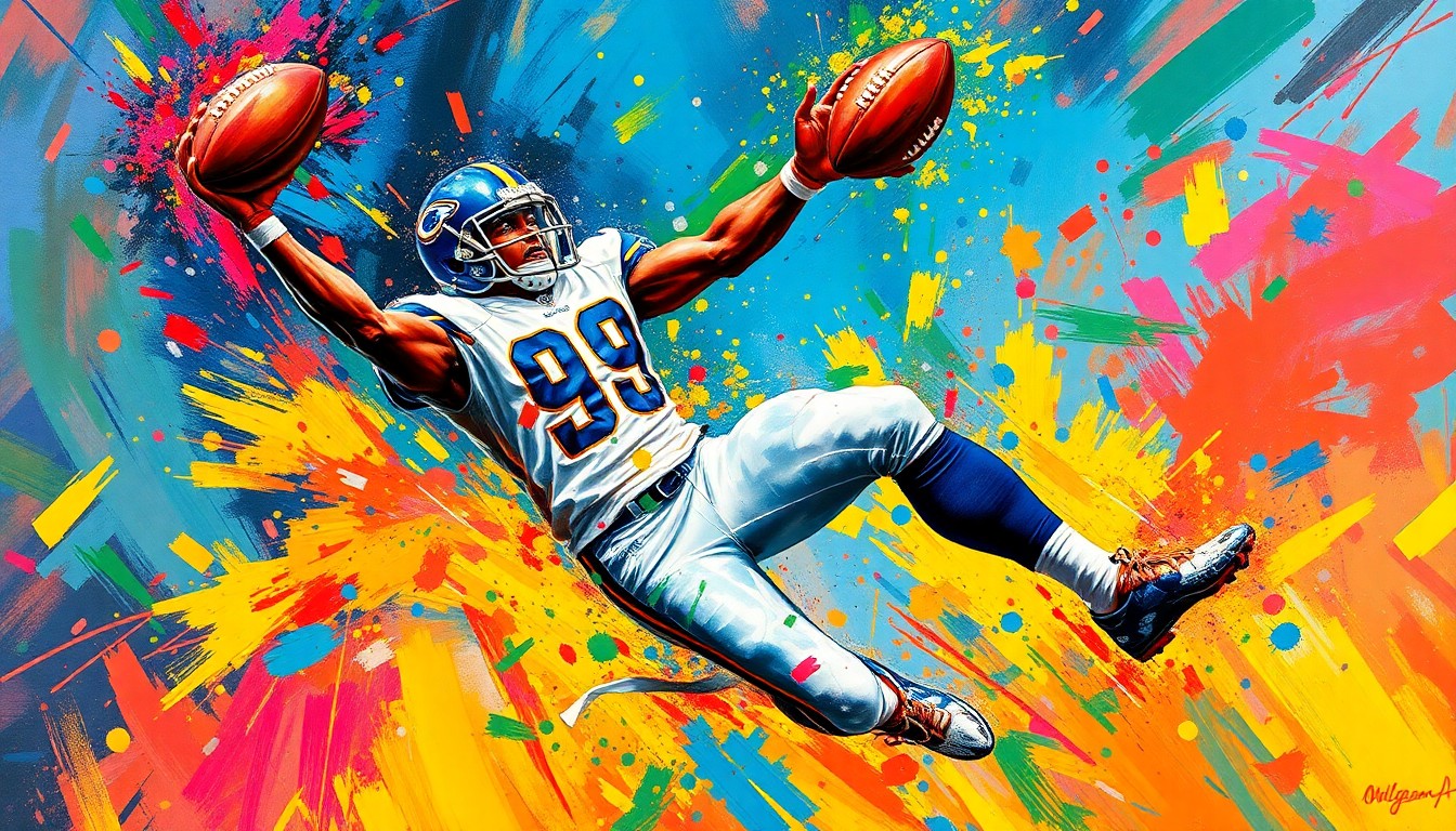 A vibrant, expressionist painting in neon colors depicts a wide receiver making a leaping catch, with the player's face and jersey details dissolving into unrecognizable brushstrokes, conveying the raw athletic energy and dynamism of the sport.