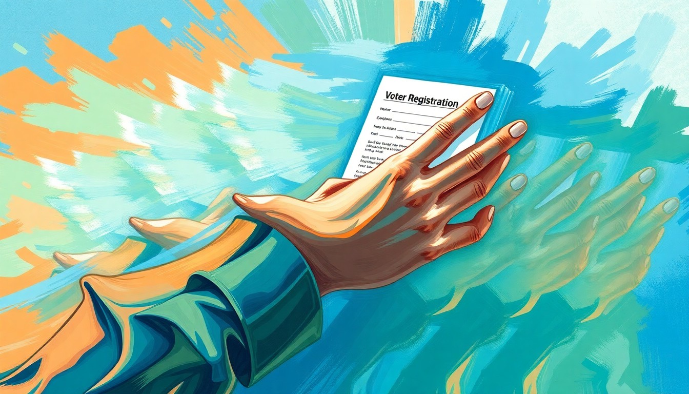 A dynamic, abstract painting of a hand reaching out to fill out a voter registration form, the motion repeated and overlapping in waves of bright blue, green, and orange hues, conceptually representing increased youth civic engagement.