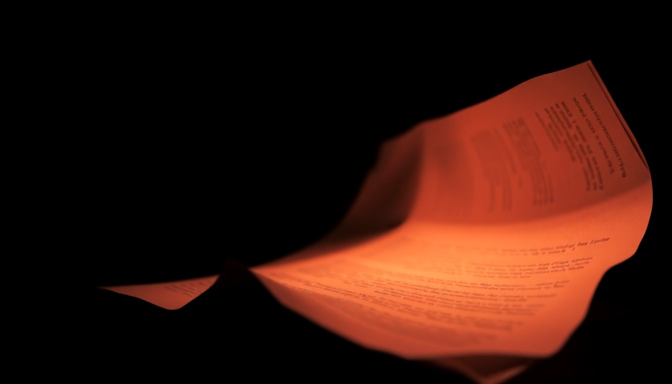 An extreme close-up of crumpled legal documents reflecting a harsh, direct flash of light, conceptually illustrating the tense legal proceedings between the two parties.