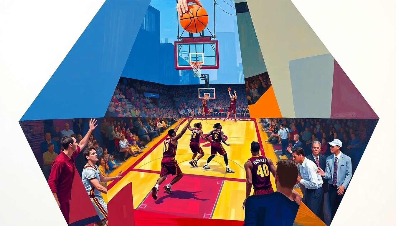 A cubist, geometric painting featuring overlapping planes of maroon and gold, abstractly representing a basketball game or player in motion.