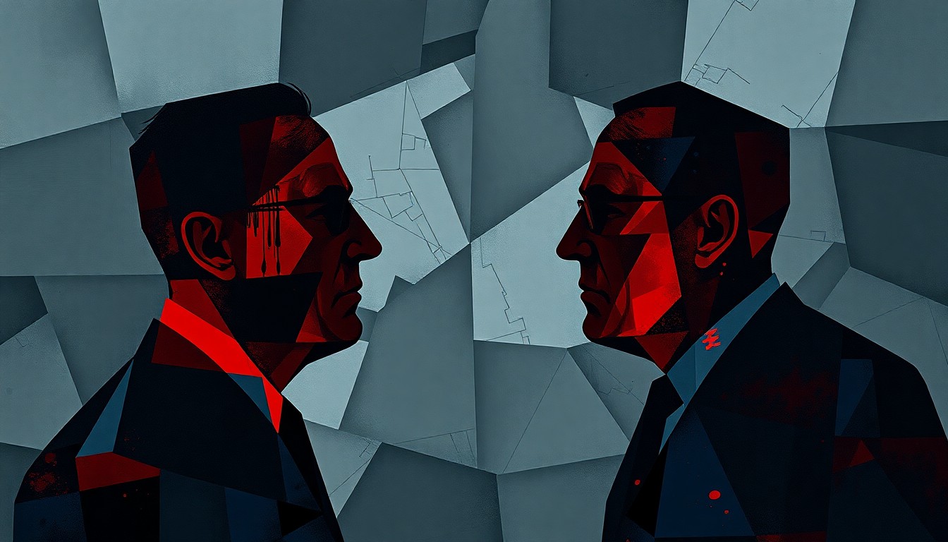 A dynamic, fragmented painting depicting two shadowy figures in an abstract power struggle, conveying the tension and conflict between the Pentagon's top officials.