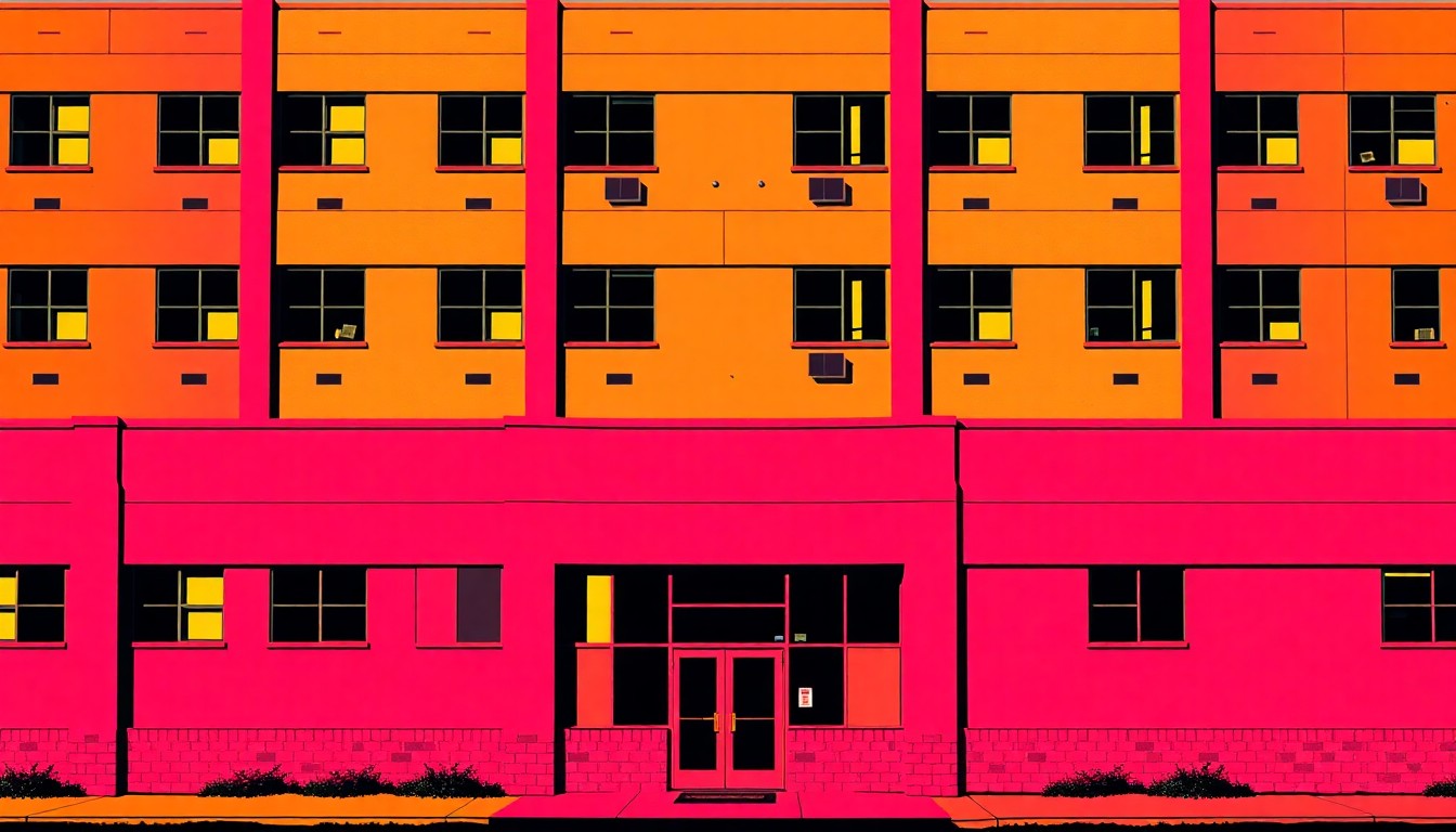 A bold, colorful silkscreen illustration featuring a repeating pattern of a modern youth community center building, rendered in a high-contrast, pop art style with vibrant neon hues and heavy black outlines, conceptually representing the energy and creativity of the new facility.