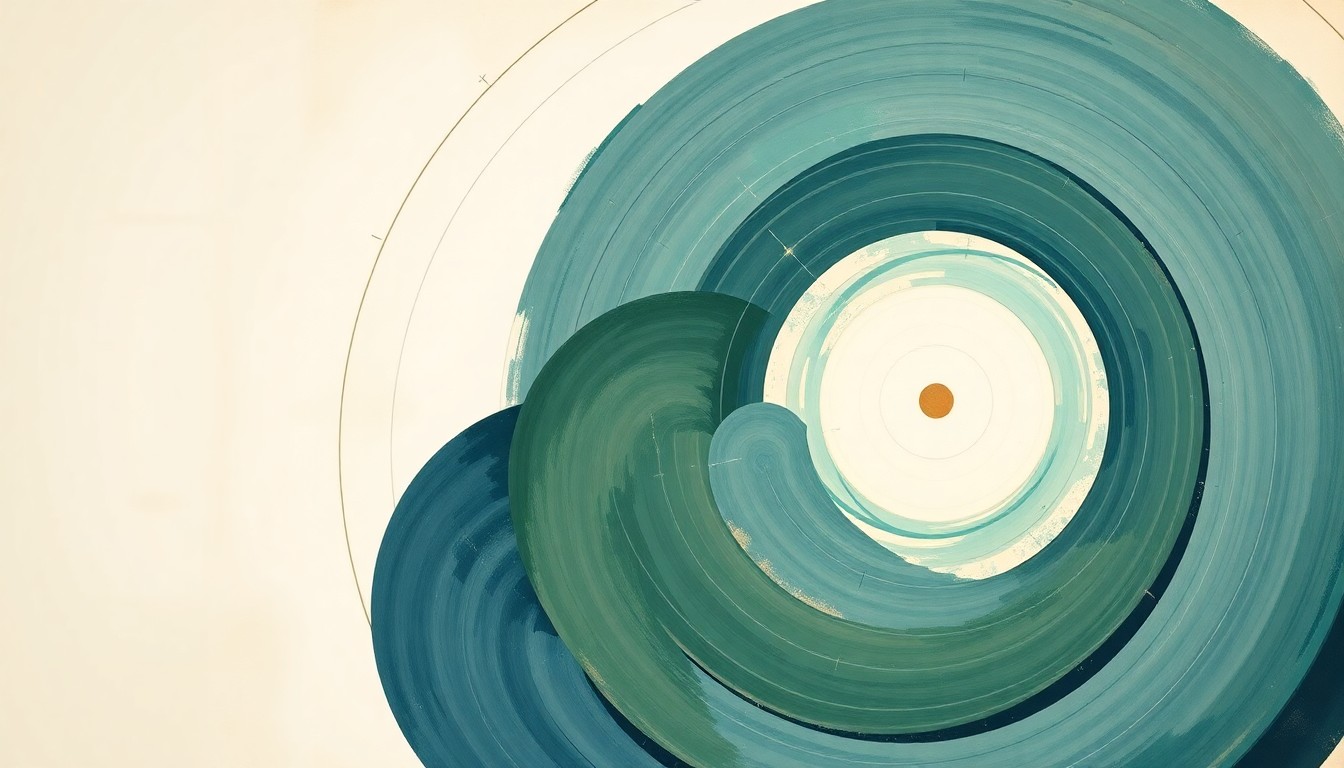 An abstract painting in the style of Hilma af Klint, featuring sweeping geometric shapes and organic forms in shades of blue, green, and brown, conceptually representing the complex scientific forces and fragile beauty of the natural world.