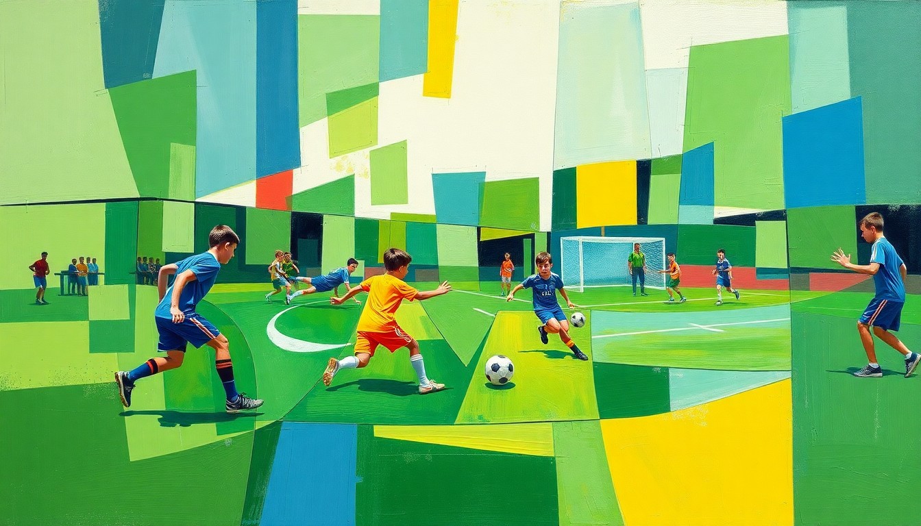 A fractured, cubist-style painting depicting a youth soccer game, with the players and field broken down into sharp, overlapping geometric shapes in a vibrant color palette, conveying the dynamic movement and energy of the sport.